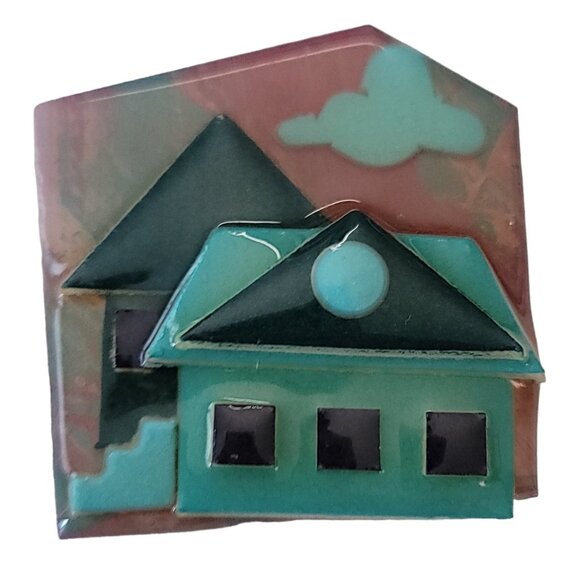 Lucinda Green Blue Pink House Pin L11 - Picture 1 of 8